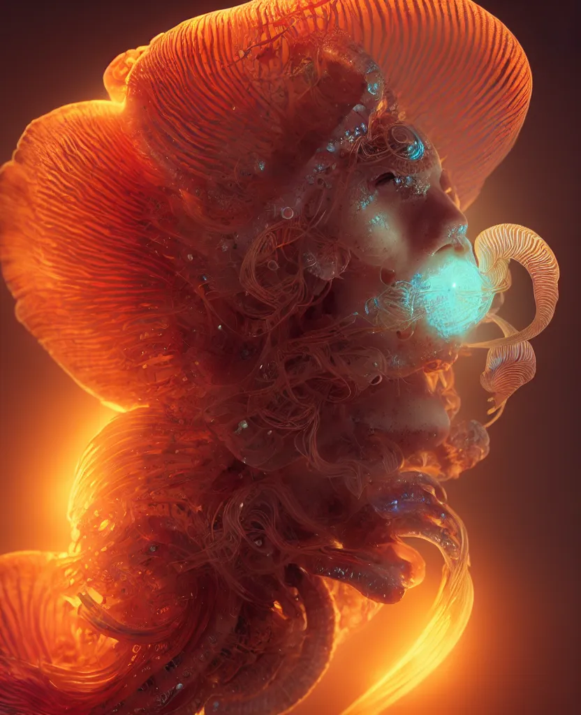 Image similar to goddess close-up portrait. chimera orchid jellyfish phoenix head, nautilus, skull, betta fish, bioluminiscent creatures, intricate artwork by Tooth Wu and wlop and beeple. octane render, trending on artstation, greg rutkowski very coherent symmetrical artwork. cinematic, hyper realism, high detail, octane render, 8k