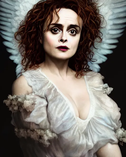 Prompt: Fullbody potrait of Helena Bonham Carter as an angel, hyper realistic, prismatic highlights, atmosphere, gorgeous, depth of field, cinematic, macro, concept art, 50mm, artstation, wlop, elegant, epic, weta digital, focus, octane render, v-ray, 8k, kodak portra, art by Liberatore