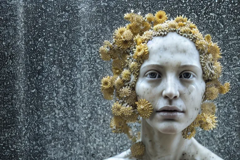 Image similar to a sculpture of a person with flowing golden tears, fractal flowers on the skin, intricate, a marble sculpture by nicola samori, behance, neo - expressionism, marble sculpture, apocalypse art, made of mist, still frame from the prometheus movie by ridley scott with cinematogrophy of christopher doyle, arri alexa, anamorphic bokeh, 8 k