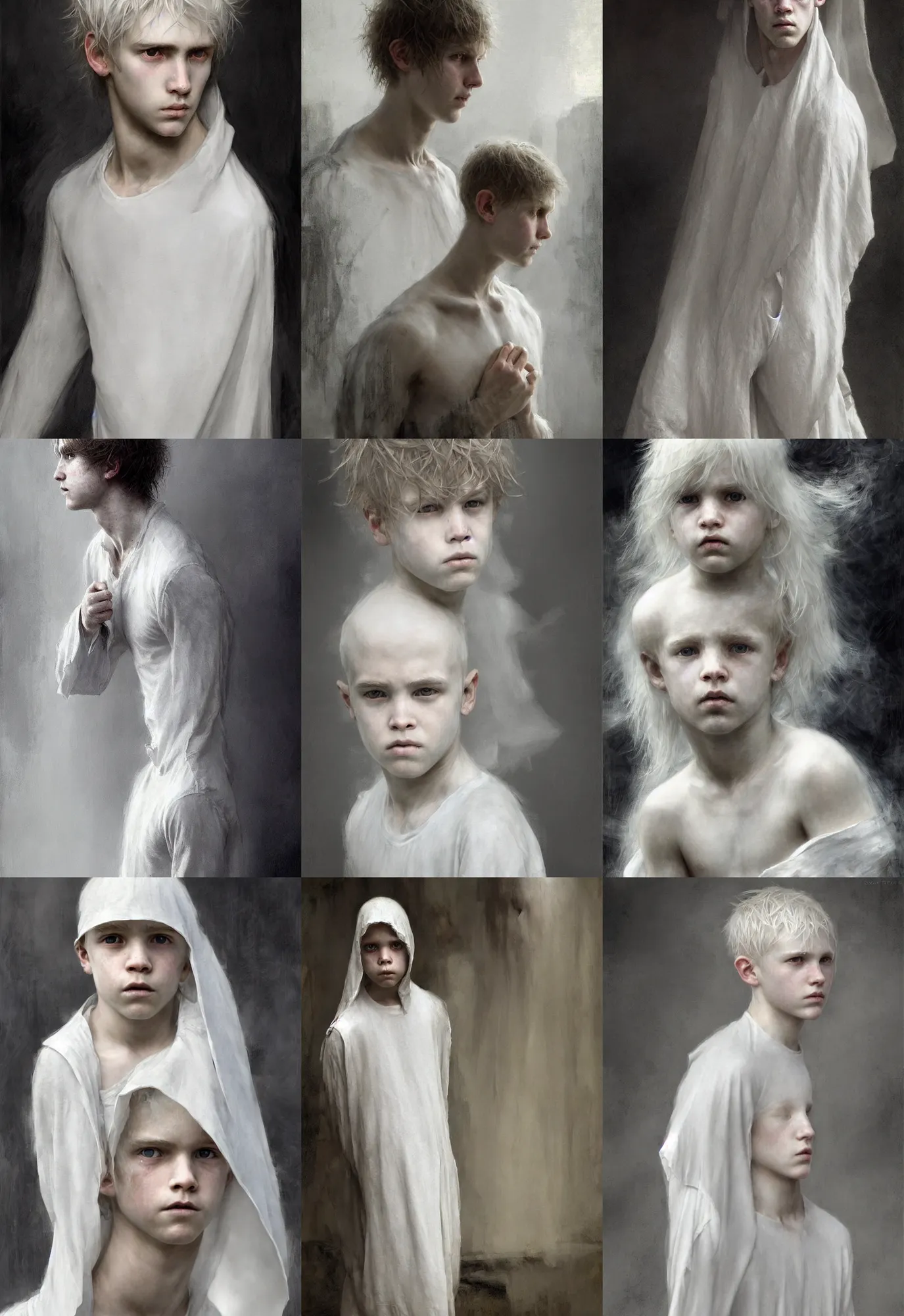 Prompt: a ghost boy with white!!!!!! hair quietly watching the living continue their lives. waterhouse. geoffroy thoorens. ultra clear detailed