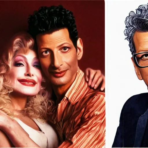 Prompt: romance novel book cover of jeff goldblum and dolly parton