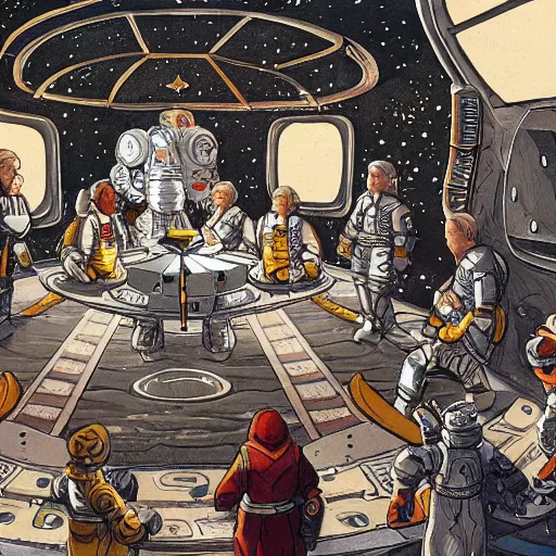 Image similar to astronauts of the round table, king arthur in space concept art, high details, intricate details, cinematic light