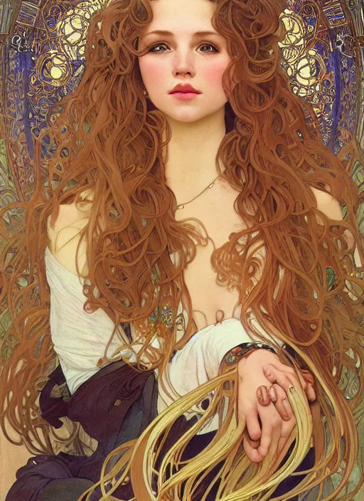 Prompt: highly detailed portrait of a young Plejaden woman with wavy blonde hair in a retro spaceship with large windows, by Alphonse Mucha, Ayami Kojima, Yoshitaka Amano, Charlie Bowater, Karol Bak, Greg Hildebrandt, Jean Delville, and Mark Brooks, 4k resolution,