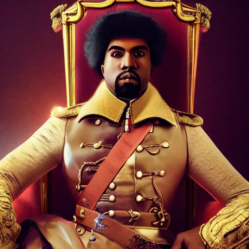 Image similar to Portrait of Kanye West dressed as emperor napoleon, splash art, cinematic lighting, dramatic, octane render, long lens, shallow depth of field, bokeh, anamorphic lens flare, 8k, hyper detailed, 35mm film grain