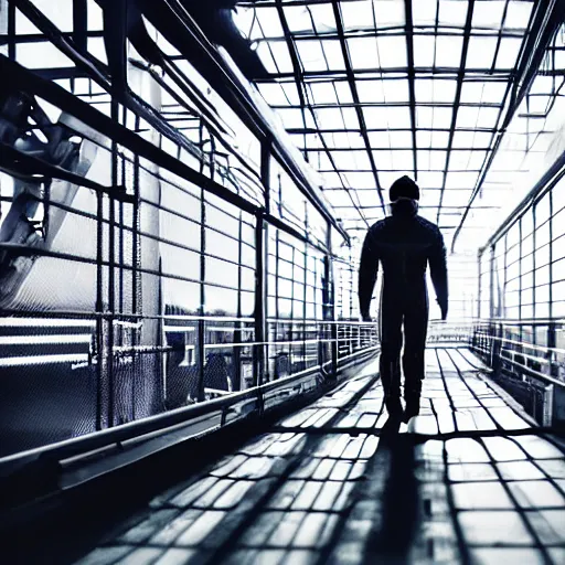 Image similar to mysterious man in silver space suit, walking on an industrial catwalk with stairs that lead nowhere, floating in deep space with a black background, photograph, wide angle