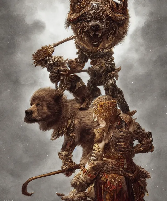 Prompt: an anthropomorphic dog warrior holding a bear's head, crisp 8 k line art, digital painting, artstation, unreal engine, octane render, emissive lighting, concept art, matte, sharp focus, hyper realistic lighting, illustration, art by junto ito and takato yamamoto and philippe druillet and gerald brom