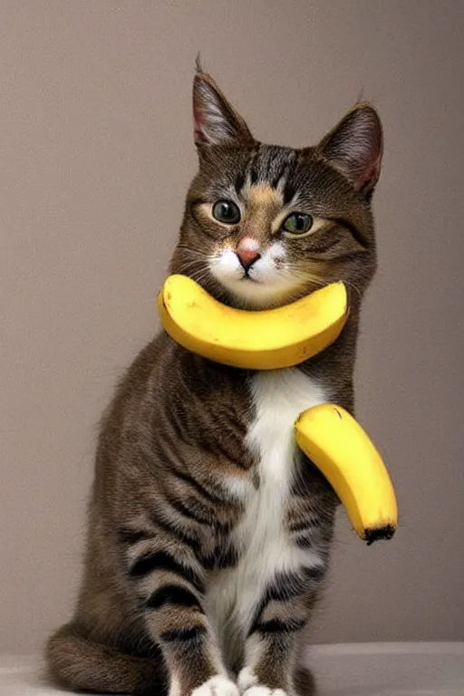 Image similar to realistic photo of an adorable cat wearing a banana hat, highly detailed,