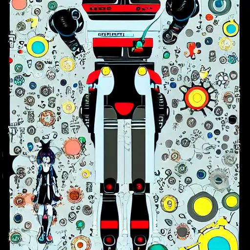 Image similar to Anime manga robot!! Anime girl, cyborg girl, exposed wires and gears, fully robotic!! girl, manga!! in the style of Junji Ito and Naoko Takeuchi, cute!! chibi!!! Schoolgirl, epic full color illustration, full body illustration