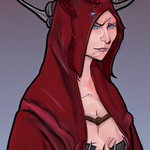 Prompt: a female tiefling with red skin, freckles, and a black cloak