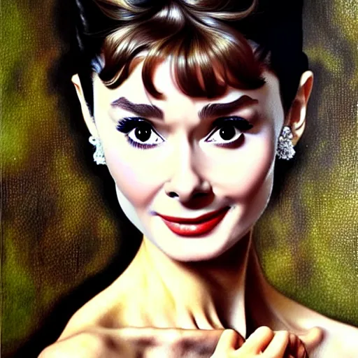 Prompt: audrey hepburn posing for photo shoot, very detailed and realistic oil painting, by artgerm and greg rutkowski and alphonse mucha