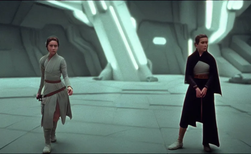 Image similar to screenshot portrait Leia learning the force at Jedi Temple scene from the last jedi, 1970s film by Stanley Kubrick, serene, iconic scene, stunning cinematography, hyper detailed, sharp, anamorphic lenses, kodak color film, 4k