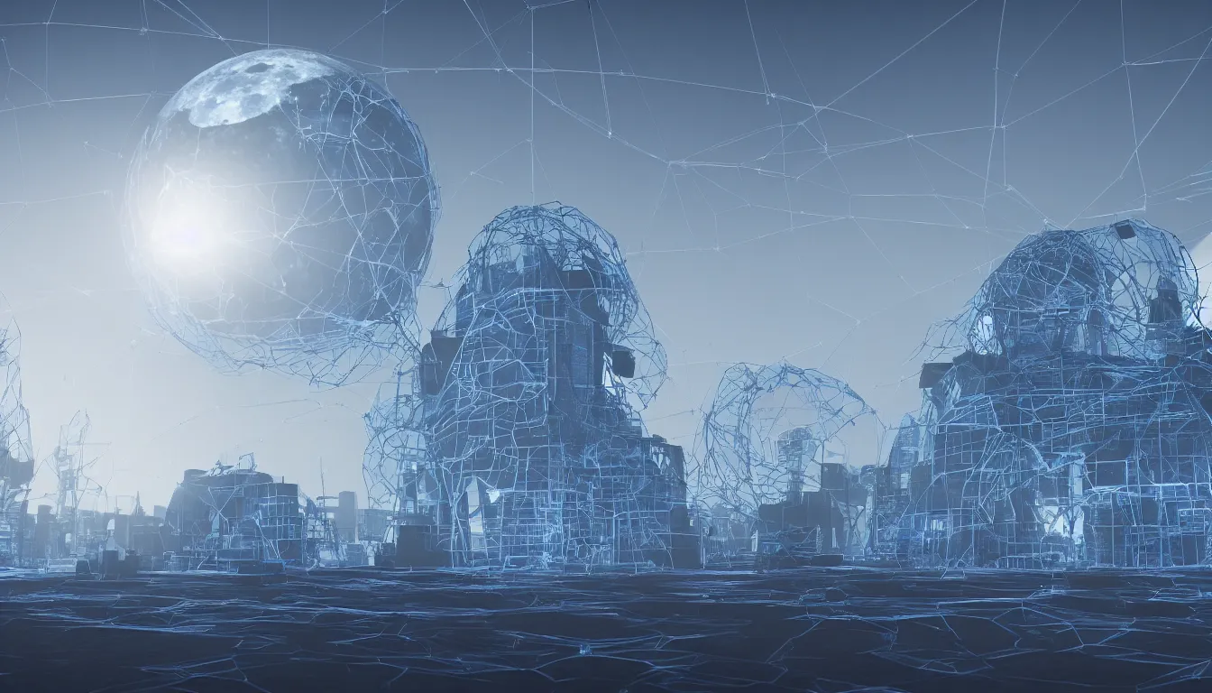 Prompt: blue moon base with wireframe buildings and earth on the background, rtx, volumetric light, 3 d artist, reflections, artstation, intricate details, 4 k resolution