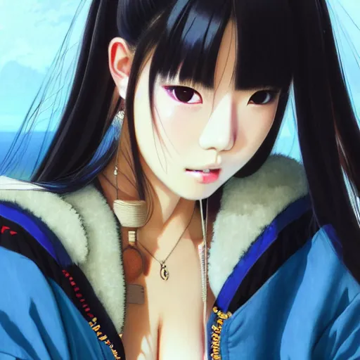 Image similar to a beautiful japanese lalisa alluring gravure model, wearing oversized designer bomber jacket and leotard, bulky poofy bomber jacket with mesoamerican patterns, mesoamerican native street fashion, gapmoe yandere grimdark, trending on pixiv fanbox, painted by greg rutkowski makoto shinkai takashi takeuchi studio ghibli, akihiko yoshida