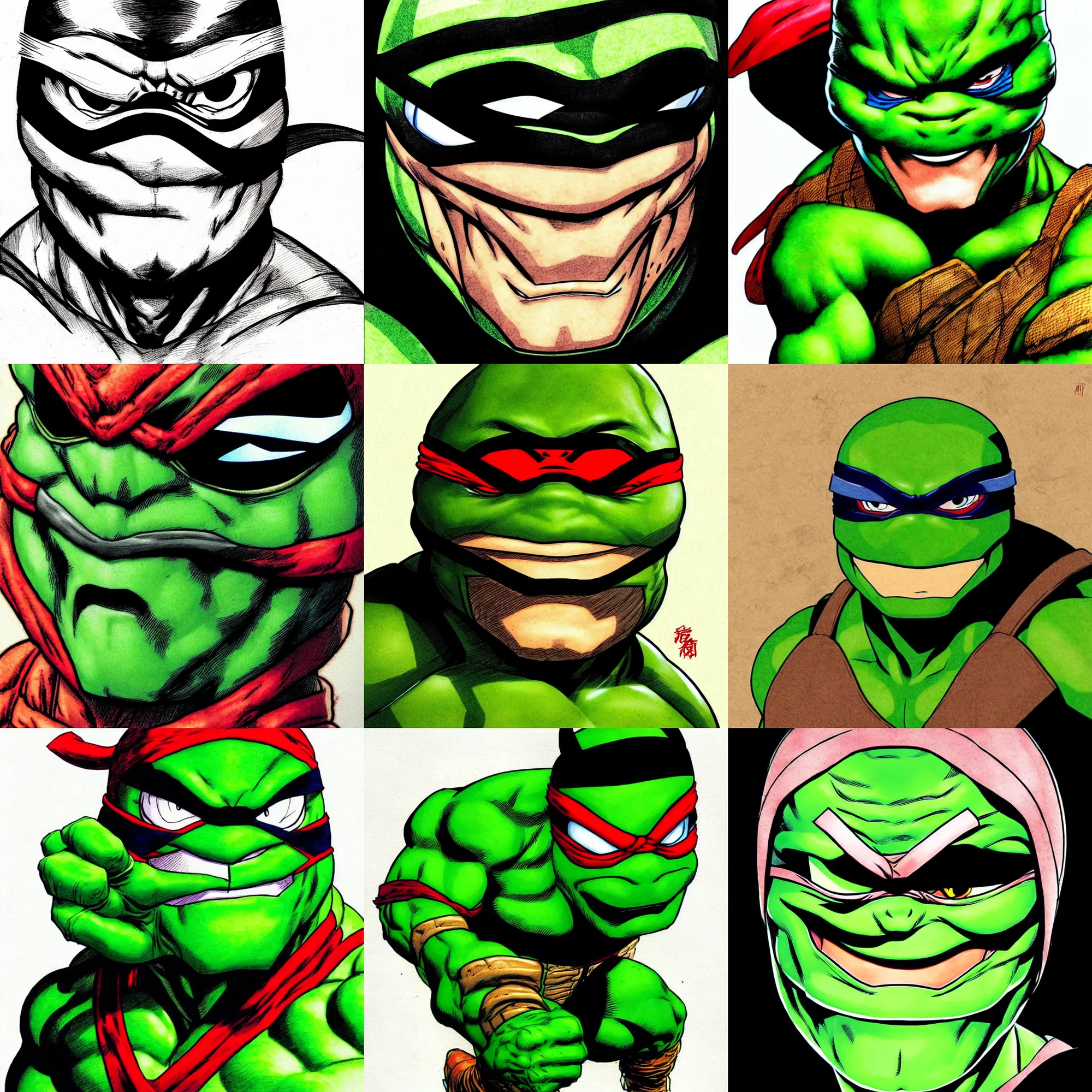 Prompt: anthropomorphic wide head ninja turtle!!! jim lee!!! face macro shot!!! flat! ink sketch colorised by jim lee close up in the style of jim lee, ninja! battle rugged hulk turtle animal superhero by jim lee