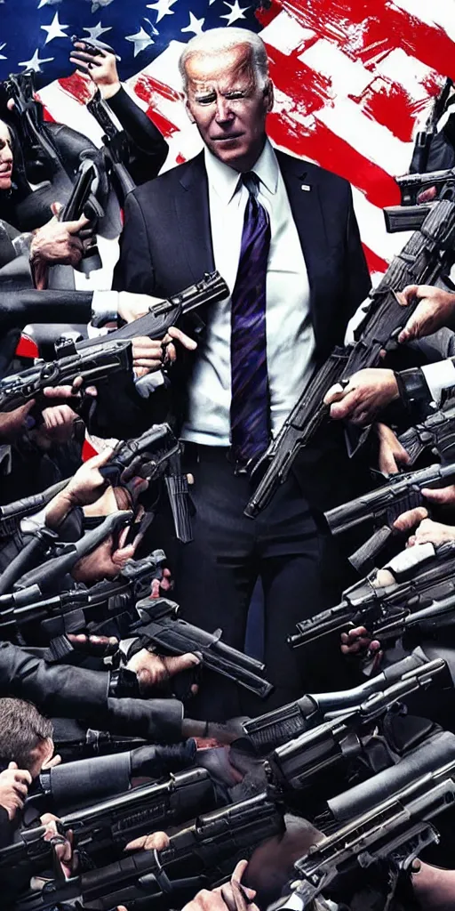 Prompt: joe biden as john wick, surrounded by guns at point blank. movie poster. action. in theatres now 2 0 2 2.