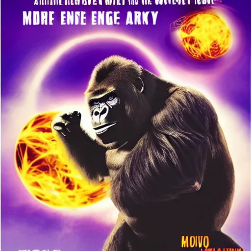 Prompt: a movie poster of a determined gorilla with upraised arms channeling energy into a large purple white ball of energy high in the air