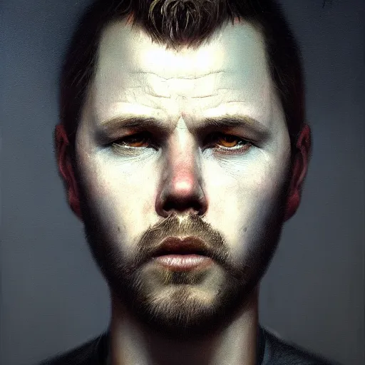 Image similar to a portrait of gareth reynolds, hyper realistic, octane render, by barlowe. masterpiece portrait painting. dark, moody,, abstract brush strokes,.