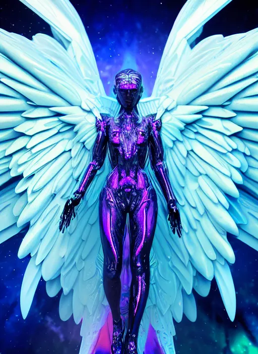 Image similar to a photo of 8 k ultra realistic female archangel with 6 wings, full body, intricate purple and blue hard surfaces, futuristic, science fiction themes, highly saturated colors, holographic undertones, overdetailed art, concept art, detailed illustration, hd, 4 k, octane rendered