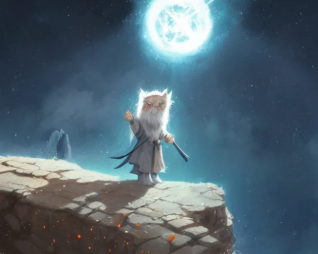 Image similar to one cartoonish kitty dressed as Gandalf floating alone in space, bright stars, anime, a fantasy digital painting by Greg Rutkowski and James Gurney, trending on Artstation, highly detailed