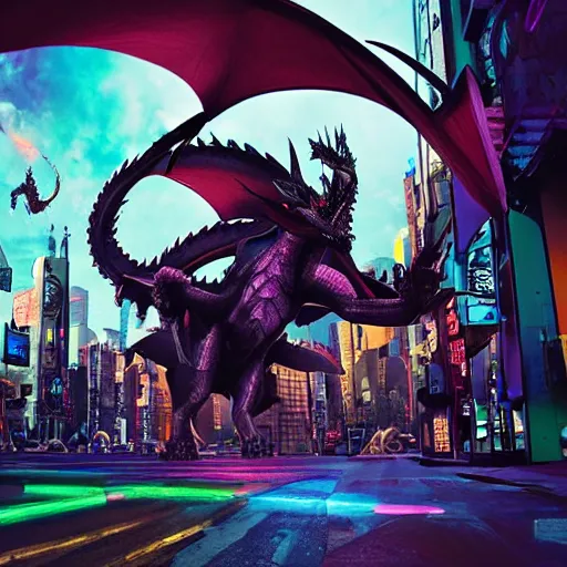 Image similar to futuristic knight fighting off a giant dragon in the middle of a cyberpunk neon city, wide - angle, photographed on colour expired film, detailed photograph