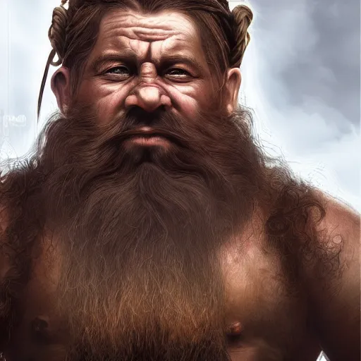 Image similar to photorealistic portrait of a dwarf with a large beard, muscular build, tough, highly detailed trending on artstation, photo, medieval, big muscles, fantasy, intricate details, dramatic, cinematic