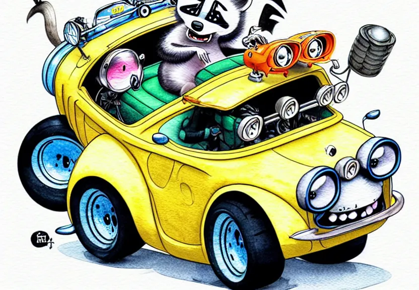 Image similar to cute and funny, racoon riding in a tiny hot rod coupe with oversized engine, ratfink style by ed roth, centered award winning watercolor pen illustration, isometric illustration by chihiro iwasaki, edited by range murata