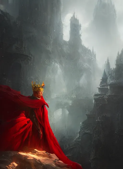 Image similar to side profile of a cat king wearing a crown and red cape, fantasy, digital painting, volumetric light, intricate, sharp, focus, bloom, illustration, highly detailed, concept art, matte, ruan jia, randy vargas, greg rutkowski