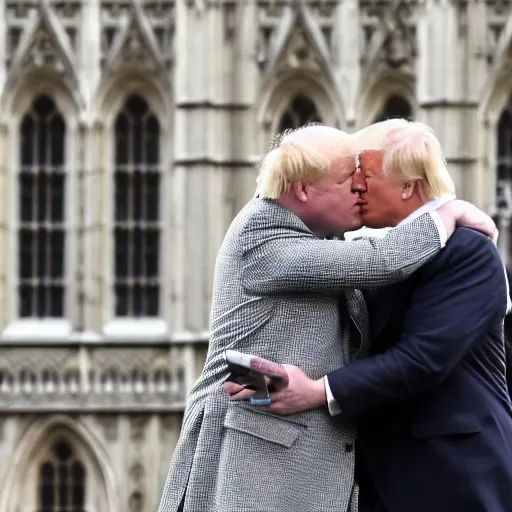 Image similar to a paparazzi photo of boris johnson kissing donald trump along the houses of parliament, london, the sun newspaper, detailed, canon eos, f / 1. 2, 2 0 0 mm lens, photograph