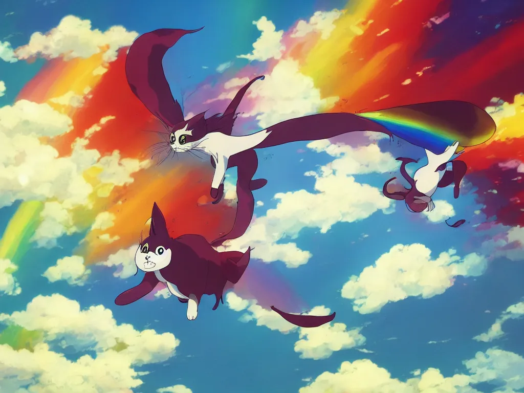 Image similar to a flying rainbow - colored cat, studio ghibli, anime, 4 k wallpaper, artstation