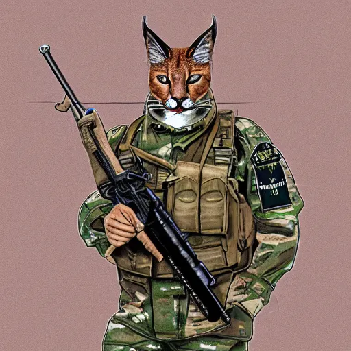 Image similar to Big Floppa caracal wearing military uniform, digital art