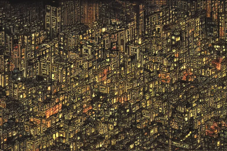 Image similar to kowloon walled city at night, by yoshitaka amano