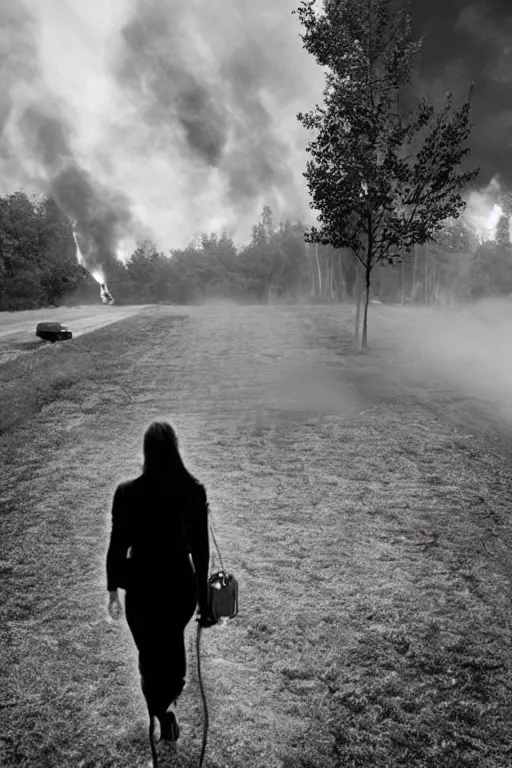 Image similar to Gregory Crewdson Phography, A woman walks calmly while her house is on fire