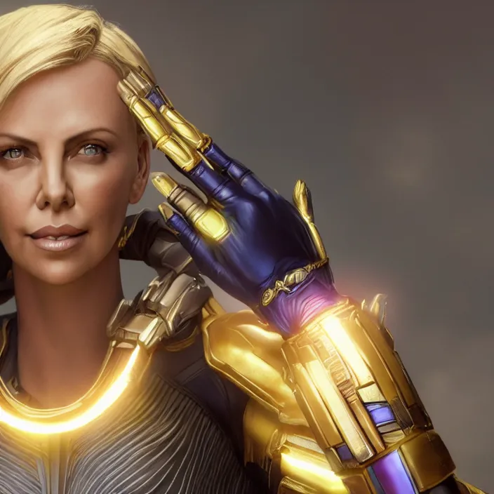 Image similar to portrait of ((Charlize Theron)), wearing The Infinity GAUNTLET. infinity gauntlet. intricate artwork. octane render, trending on artstation, very coherent symmetrical artwork. avengers. thanos. infinity war. cinematic, hyper realism, high detail, octane render, 8k, iridescent accents