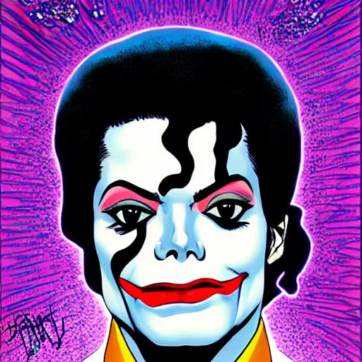 Image similar to dynamic macro head portrait of beautifu michael jackson as the joker in white sequined jacket by john romita sr and cory walker and ryan ottley and jack kirby and barry windsor - smith, comic, illustration, photo real
