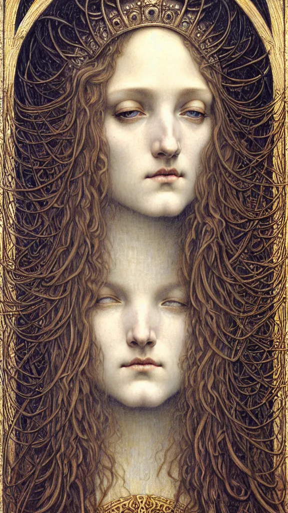 Image similar to detailed realistic beautiful young medieval queen face portrait by jean delville, gustave dore and marco mazzoni, art nouveau, symbolist, visionary, gothic, pre - raphaelite. horizontal symmetry