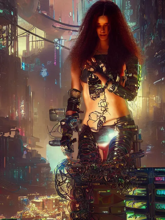 Prompt: a cyberpunk 2077 illustration portrait of A veiled female android queen kneel and pray with lots of complex mess of cables and wires behind them connected to giant computer,bowknot, fine lace, GUCCI, glittering, jewel embellishment, film lighting, by Artgerm,Lawrence Alma-Tadema,William Morris,Dan Mumford, trending on atrstation, full of color, mythological, high detailed,golden ratio,cinematic lighting