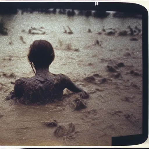 Image similar to film still, close up, emma watson rising out of muddy vietnam river, face covered in mud, low camera angle at water level, night time, film still from apocalypse now ( 1 9 7 9 ), 2 6 mm polaroid polaroid polaroid polaroid polaroid expired expired expired,