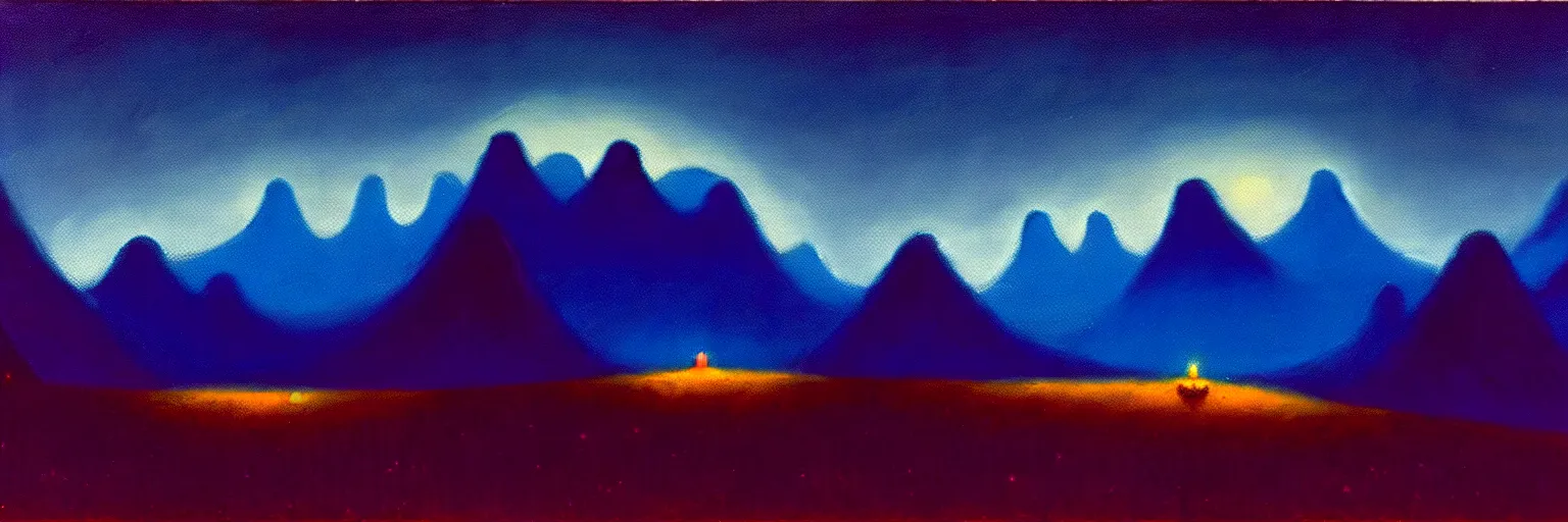 Image similar to cartoon paul lehr narrow night landscape with farawaymountains dark blue tones