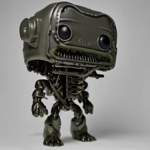 Prompt: funko pop doll of a terrifying lovecraftian giant mechanized attack dog taken in a light box with studio lighting, some background blur