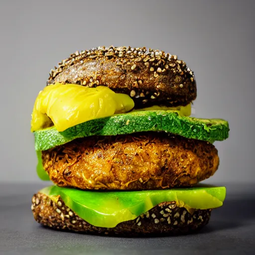 Image similar to juicy vegan hamburger topped with pineapple and avocado, crispy buns, 8 k resolution, food photography, studio lighting, sharp focus, hyper - detailed