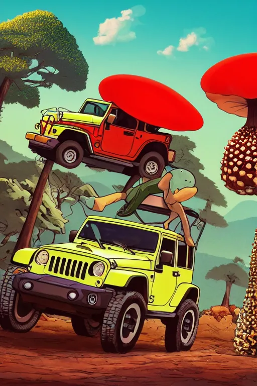 Image similar to gorilla driving a jeep holding a amanita muscaria, sunshine, by alba ballesta gonzalez and moebius. 4 k wallpaper, digital flat 2 d, japan animation, comic book, illustration, cinematic lighting, smooth sharp focus.