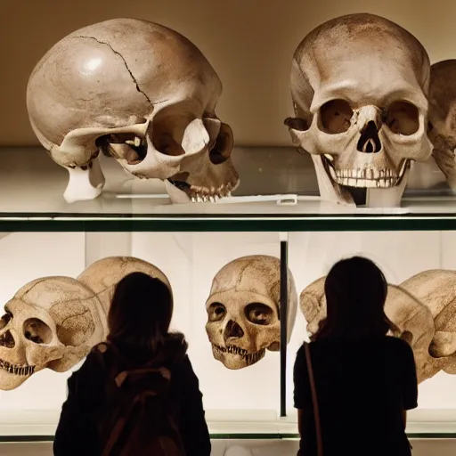 Image similar to Human skull in a museum with robotic tourists looking at it, alien language, science fiction