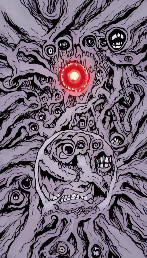 Image similar to a storm vortex made of many demonic eyes and teeth, from cryptid academia