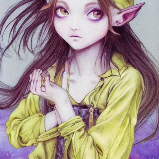 Prompt: little elf girl, grunge outfit, soft hair. light color palate, purple, yellow and white. detailed soft painting, ayami kojima, made in abyss, anatomically correct, inspired in balthus, high detailed face anime, vogue magazine, glorious composition