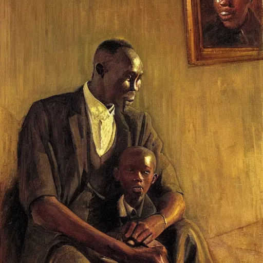 Image similar to a painting of a elegant, well fed, smooth-chinned, long nose, elder with few eyebrows and his son from Kenya by Henry Ossawa Tanner . thinker without facial hair, thoughtful, focused, visionary, calm, jovial, loving, fatherly, generous, . dramatic angle, ethereal lights, details, smooth, sharp focus, illustration, realistic, cinematic, artstation, award winning, rgb , unreal engine, octane render, cinematic light, macro, depth of field, blur, red light and clouds from the back, highly detailed epic cinematic concept art CG render made in Maya, Blender and Photoshop, octane render, excellent composition, dynamic dramatic cinematic lighting, aesthetic, very inspirational, arthouse.