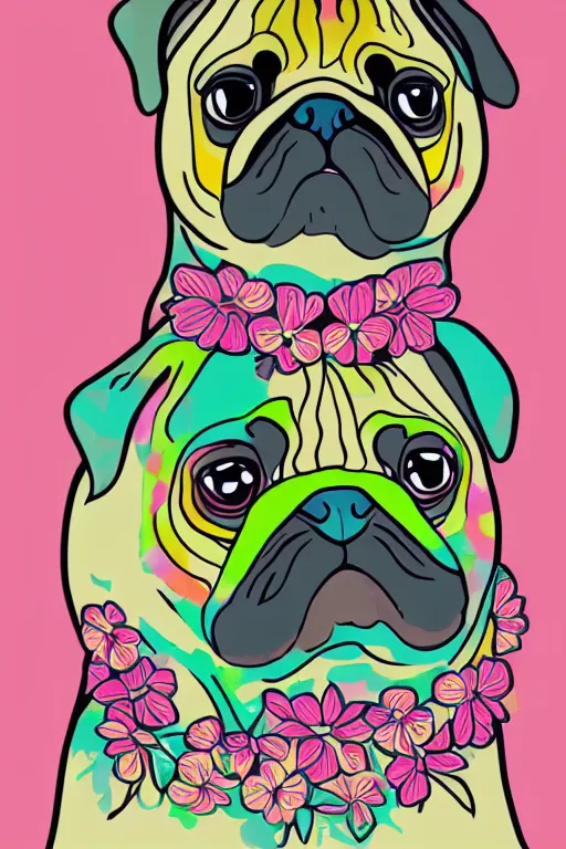 Image similar to portrait of a flower pug, art by milka oxana, sticker, colorful, illustration, highly detailed, simple, smooth and clean vector curves, no jagged lines, vector art, smooth