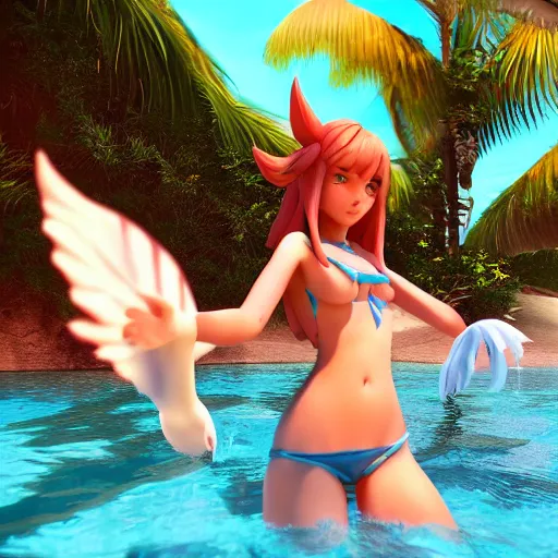 Prompt: beautiful render pool party ahri catching the sun in hawaiian beach, ocean on the horizon, pretty face, coherent, 3d render, unreal engine 5, 4k, very detailed, volumetric lighting, instagram