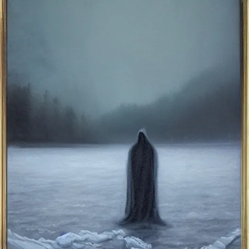 Prompt: ominous bedsheet ghost standing on a frozen lake, oil painting, brush strokes, gloomy foggy atmosphere, symmetrical, full body image, highly ornate intricate details,