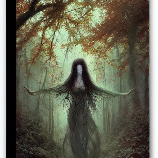 Prompt: portrait of a dryad in a forest of fey autumn maples by greg rutkowski and brian froud dark mysterious, filtered evening light