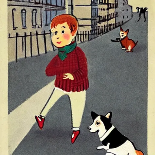 Image similar to book illustration of a french boy on the streets of paris playing football against a corgi, the dog is wearing a polka dot scarf, 1 9 6 6